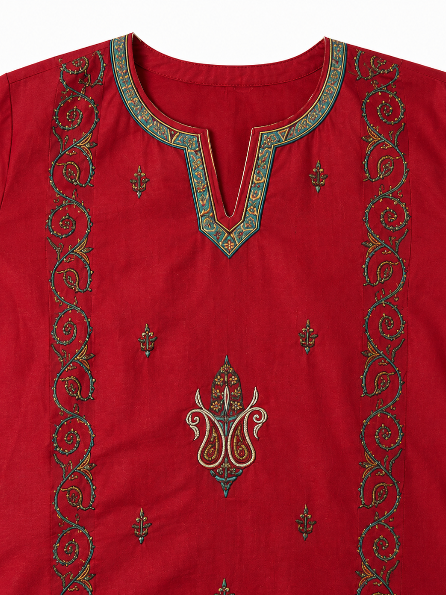 Noor : Sozni embroidery summer kurti | Red